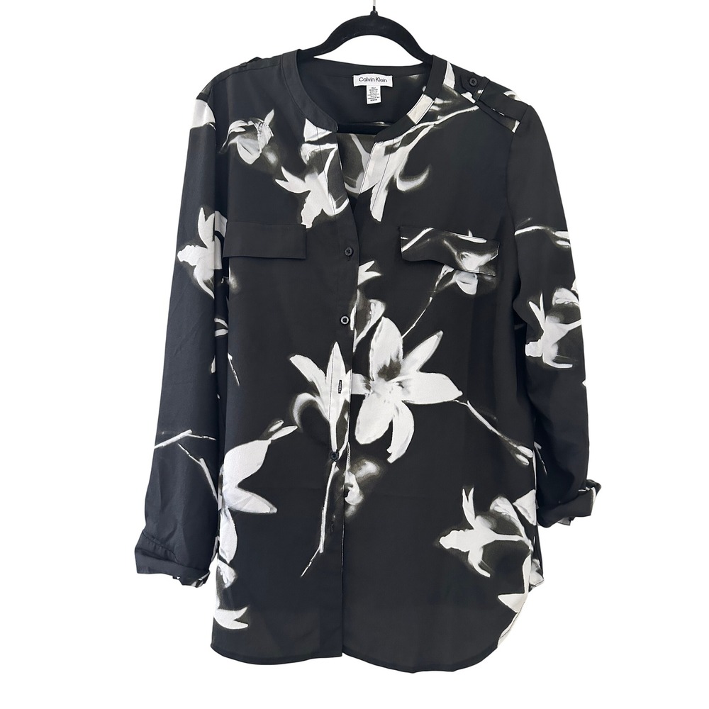 Calvin Klein Womens XL Black White Floral Button Down Blouse Modern Business